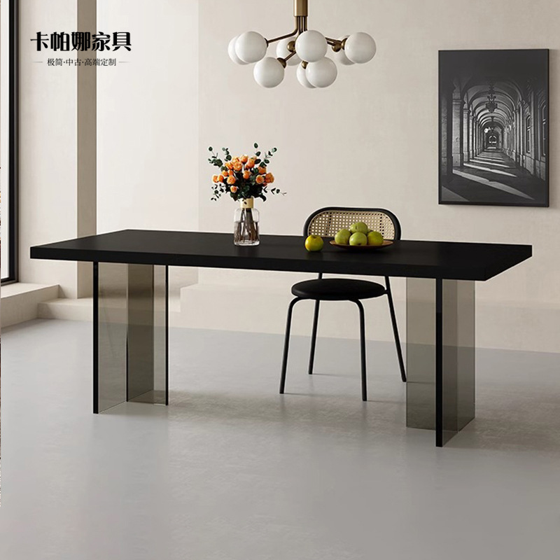 亚克力岩板餐桌纯黑色德利丰下挂悬浮桌现代简约小户型长方形餐桌