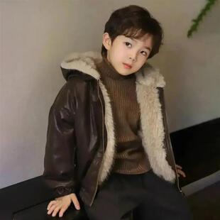 春瑞阁男童冬装加绒皮衣外套儿童洋派双面穿夹克皮衣外套