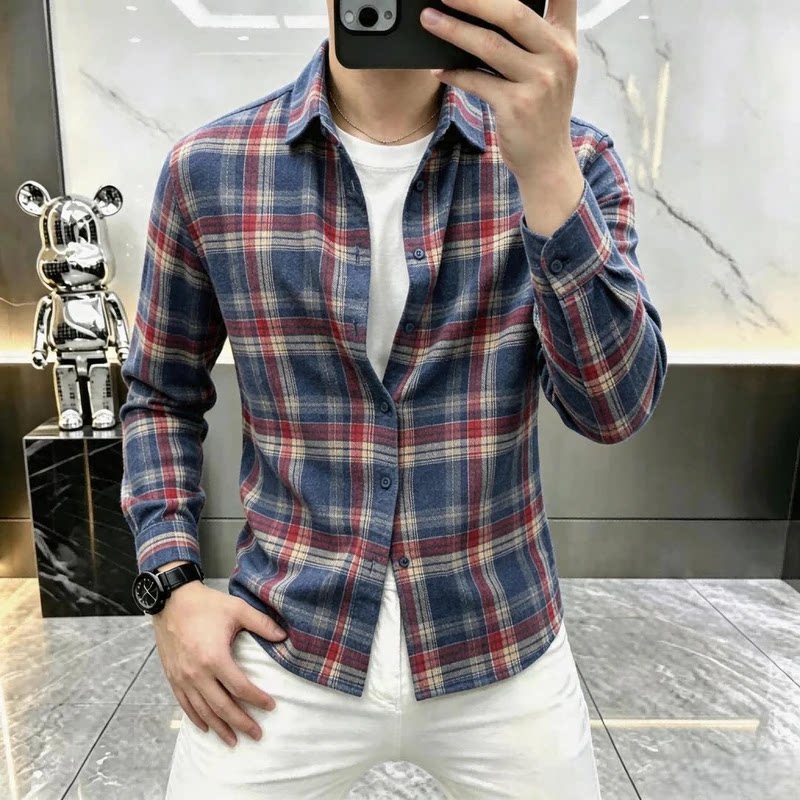 云枢优衣馆LMVQ高档春秋男士磨毛格纹长袖衬衫复古休闲衬衣外套