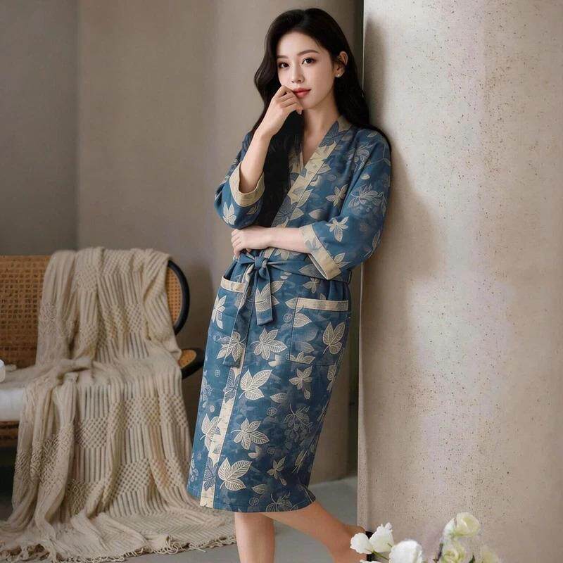 丝韵轻奢严选夏新款纯棉双层纱提花浴袍薄款宽松睡袍透气吸水家居