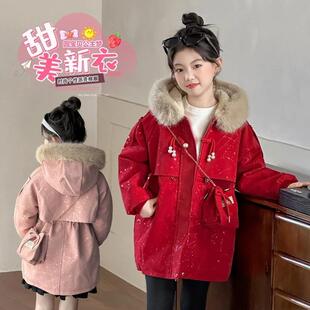 女童红色加绒皮外套冬装大童收腰派克服过年穿仿皮草棉服加厚皮衣