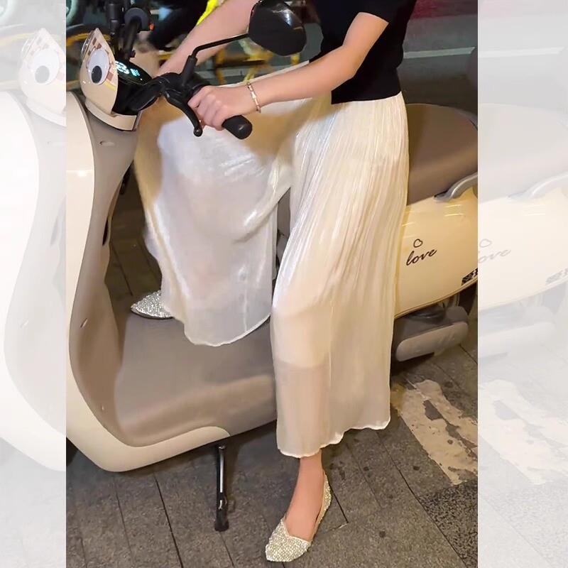 轻奢缎面阔腿裤女夏季流光网纱质感高腰宽松显瘦慵懒裤裙百褶裙