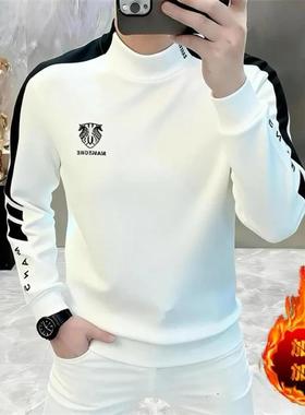 凯登鹿轻奢男士秋冬新款设计感重工艺圆领加绒打底长袖上衣卫衣