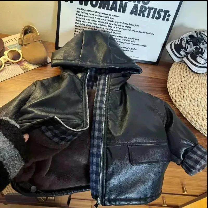 U童优选男童冬装夹克加绒外套冬季儿童洋派连帽加厚皮衣夹克外套