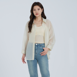 阿依莲翻领长袖防晒衬衫上衣女26夏季新款防晒服薄款宽松罩衫衬衣
