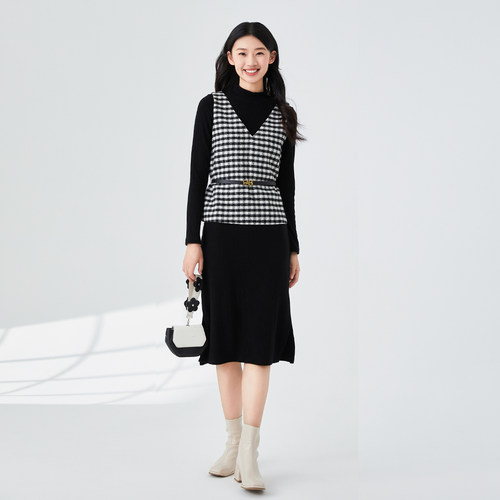 阿依莲a.yilian长袖连衣裙马甲套装女2026秋季气质系带收腰长裙子