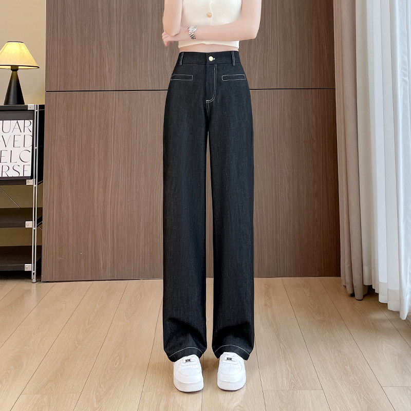夏季薄款阔腿裤女高腰大码女裤胖mm宽松显瘦半松紧腰牛仔裤直筒裤
