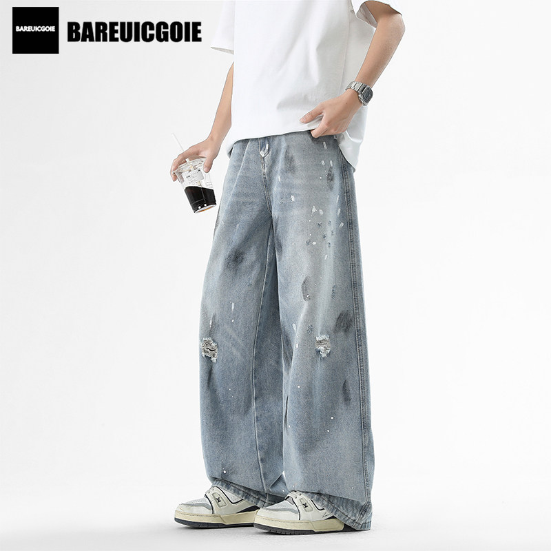 BAREUICGOIE春夏季薄款高街潮流牛仔裤男美式水洗痞帅嘻哈长裤子