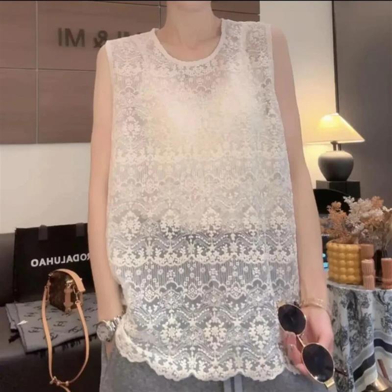智几严选韩版复古钩花镂空无袖蕾丝背心女洋气小衫气质外搭上衣潮