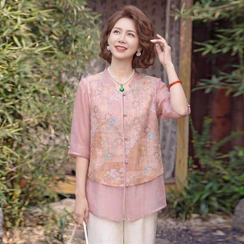 莱达靓服装专营3母亲节好礼夏靓丽无边展现女性妈妈洋气显瘦衬衫