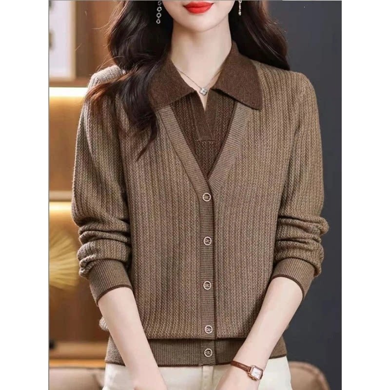 1孔雀服饰高品质春秋保暖女新时尚衬衫领假两件气质洋气时尚针织