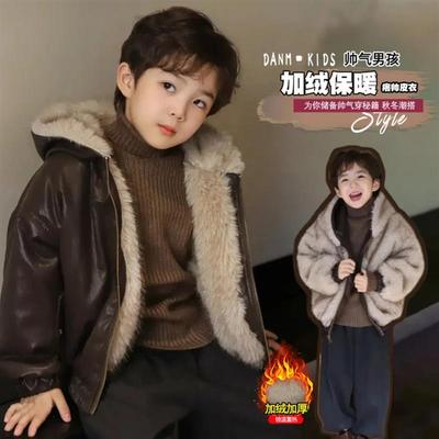 Flowing Wonder潮星童趣男童加绒加厚皮衣外套两面穿小少爷冬外套