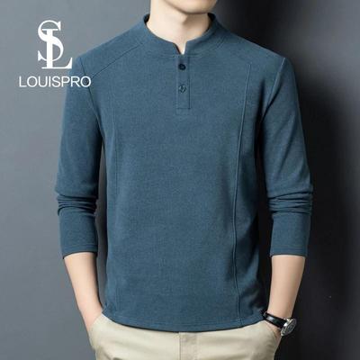 Louisp时尚轻奢男装秋冬新中式双面德绒打底衫男T恤立领运动衫男
