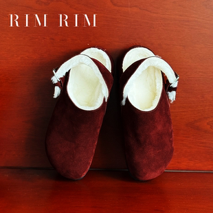 RIM RIM真皮复古风香港加厚包头毛拖女高级感一脚蹬平底row穆勒鞋