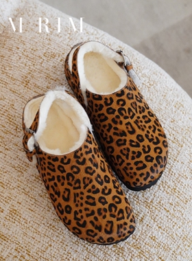 RIMRIM新款外穿豹纹磨砂包头松糕底一脚蹬休闲勃肯鞋拖鞋百搭
