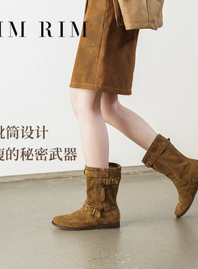 RIM RIM牛反绒西部靴秋冬季美拉德瘦瘦靴塑形马皮真皮中筒短靴女