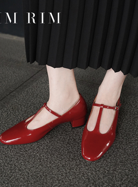 RIMRIM塑型马皮鞋法式气质新款T字细条带玛丽珍鞋银色粗跟女单鞋