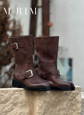 RIM RIM2025秋冬新款塑型马皮鞋复古女真皮中筒马丁靴短靴
