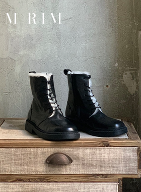 RIM RIM冬季靴子加绒保暖复古马丁靴女厚底真皮短靴塑型马皮鞋