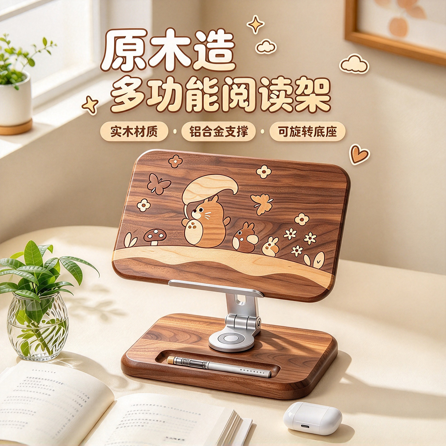 思莱普可爱治愈纯实木阅读架读书支架阅读书架桌面升降旋转书立架黑胡桃木儿童学习看书支架创意装饰摆件礼物