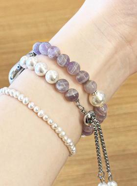 适用华为watchfit4表带Fit3小香风珍珠紫色水晶串珠腕带iWatchS10/9/8/7/6/5代se高级9Pro珍珠红米watch5表带