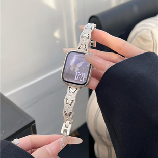 7代se3女41mm红米watch6 9Pro 适用华为Fit4表带ins丝绸纹镂空蝴蝶金属手镯表链iwatchS11 4表带米8