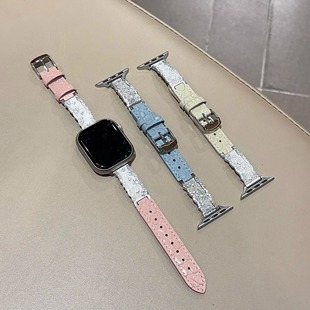 7代se3女41mm高级46mm镶钻89Pro红米watch54 适用华为Fit4表带fit3闪钻碎银拼鳄纹皮质腕带iwatchS11