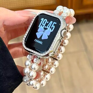 适用华为Fit4表带ins秋冬款 6代se3女41mm镶钻89Pro红米6 4表带 闪钻白珍珠双排弹力腕带iWatchS11