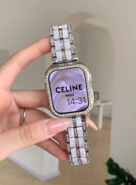 适用华为fit3表带ins新款树脂拼三株钢带小米手环9Pro镶钻金属链iwatchS10/9/8/7/6/5代se高级45mm腕带41mm