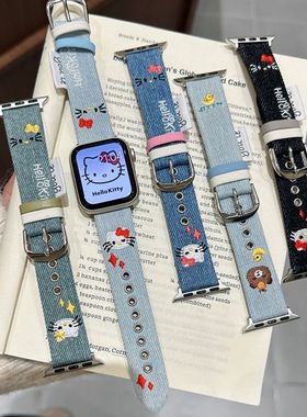 适用华为watchFit3表带ins可爱kt猫刺绣牛仔皮质腕带iwatchS10/9/8/7/6/5代se2高级41mm女45mm米9Pro秋冬表带