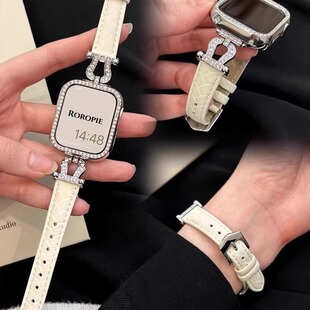 适用华为Fit3手表带小蛮腰镶钻马蹄扣表带华为fit2闪钻真皮苹果手表S10/9/8/7/6代荔枝纹皮质腕带女41mm/45mm