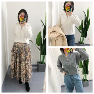 折 2件 买手店 女款半拉链80羊毛20羊绒绞花针织套头衫麻花毛衣