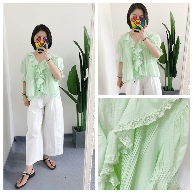 少量库存现货 原标 买手店do*n HENRI 绿色荷叶边泡泡袖翻领衬衫