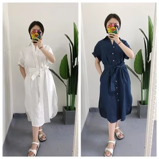 清 S1M1 买手店 女亚麻衬衫裙腰带系带中长连衣裙通勤百搭outlets
