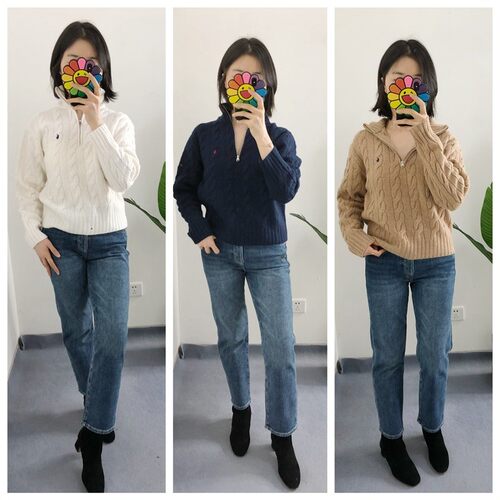 折 买手店 女款半拉链80羊毛20羊绒绞花针织套头衫麻花毛衣