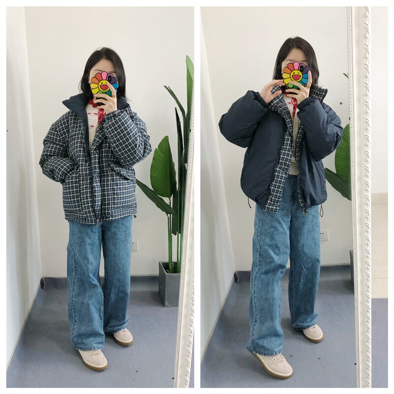 买手店 双面穿 法兰绒棉 格子白鹅绒羽绒服格纹保暖外套 男女同款