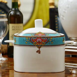 欧式田园带盖方形汤盆品锅 陶瓷餐具创意泡面碗大号家用大碗汤碗