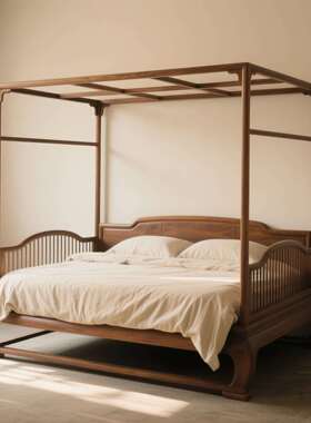新中式架子床宋式美学实四木双柱床1米8床人中古风明DCZ清仿古拔