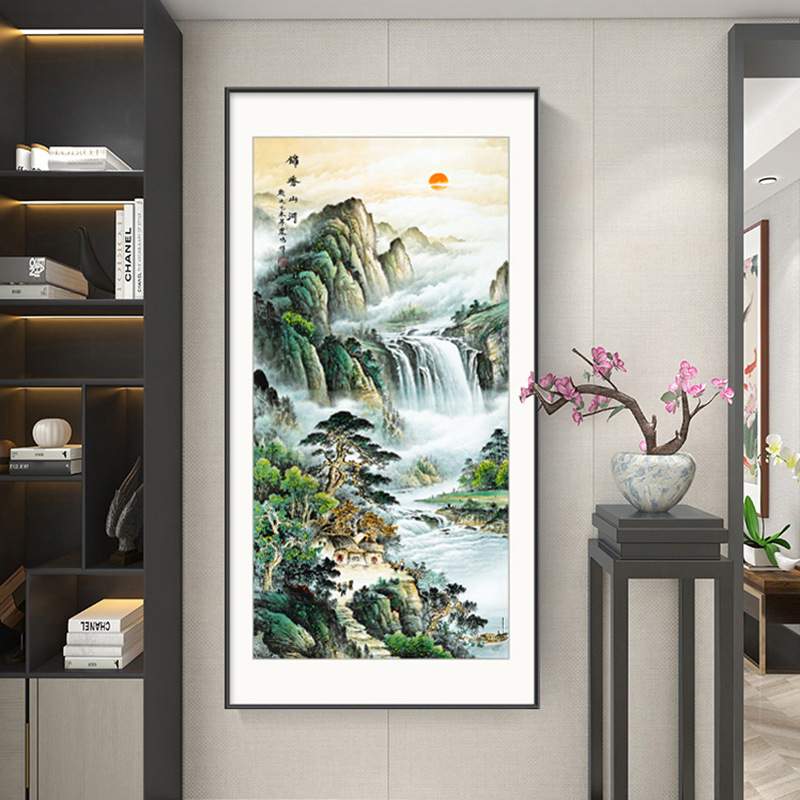 新中式入户玄关走廊过道装饰画竖版风景山水画客厅壁画迎客松挂画