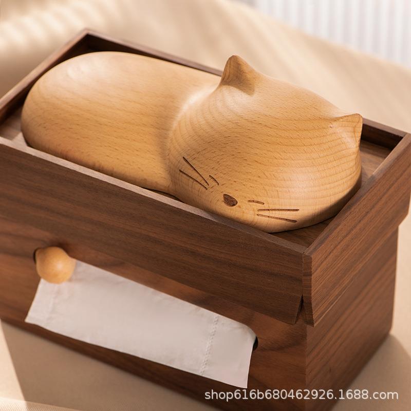 猫咪卡通木质纸抽盒11摆件桃木纸盒巾实木纸盒收纳木胡质收抽纳盒