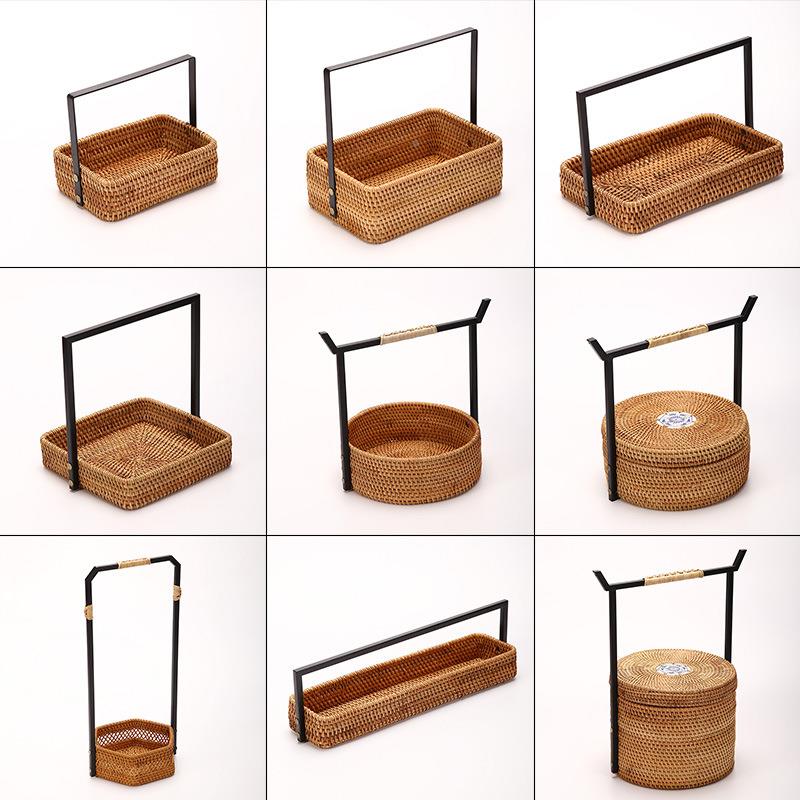 复古藤越南编具点心盒提篮手工编织果篮1ZY65266茶收纳盒铁艺水干