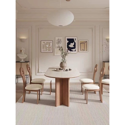 5V法式奶油风洞石岩板餐桌餐厅家用小户型饭桌椭圆形实木餐桌椅组