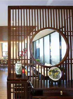 中式屏风隔断实花格酒店客景厅电视背办窗公木玄关隔断仿古门2109