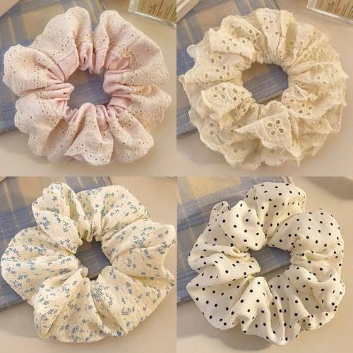 2025新款唯美小清新慵懒甜美风蕾丝花边发圈镂空双层碎花发饰发绳