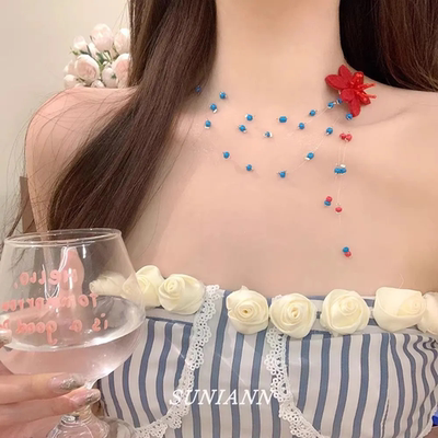 新款温柔风仿真花朵流苏串珠锁骨链小众高级感项链女气质颈链玫瑰