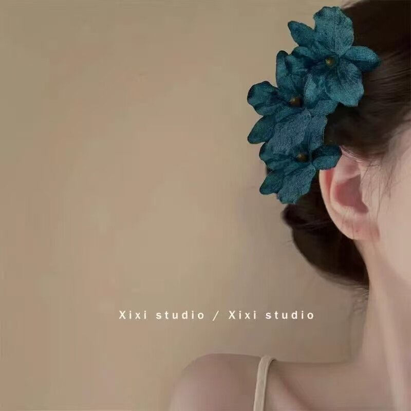 新款复古唯美风蓝花朵发夹新中式仿真花发卡拍照旅行发卡头饰发饰