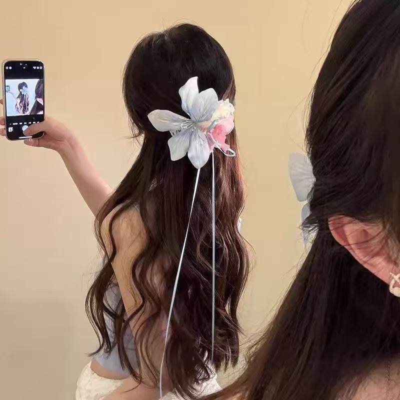 2025新款高颜值氛围感发夹仿真百合纯欲甜美花飘带鸭嘴夹发饰发卡