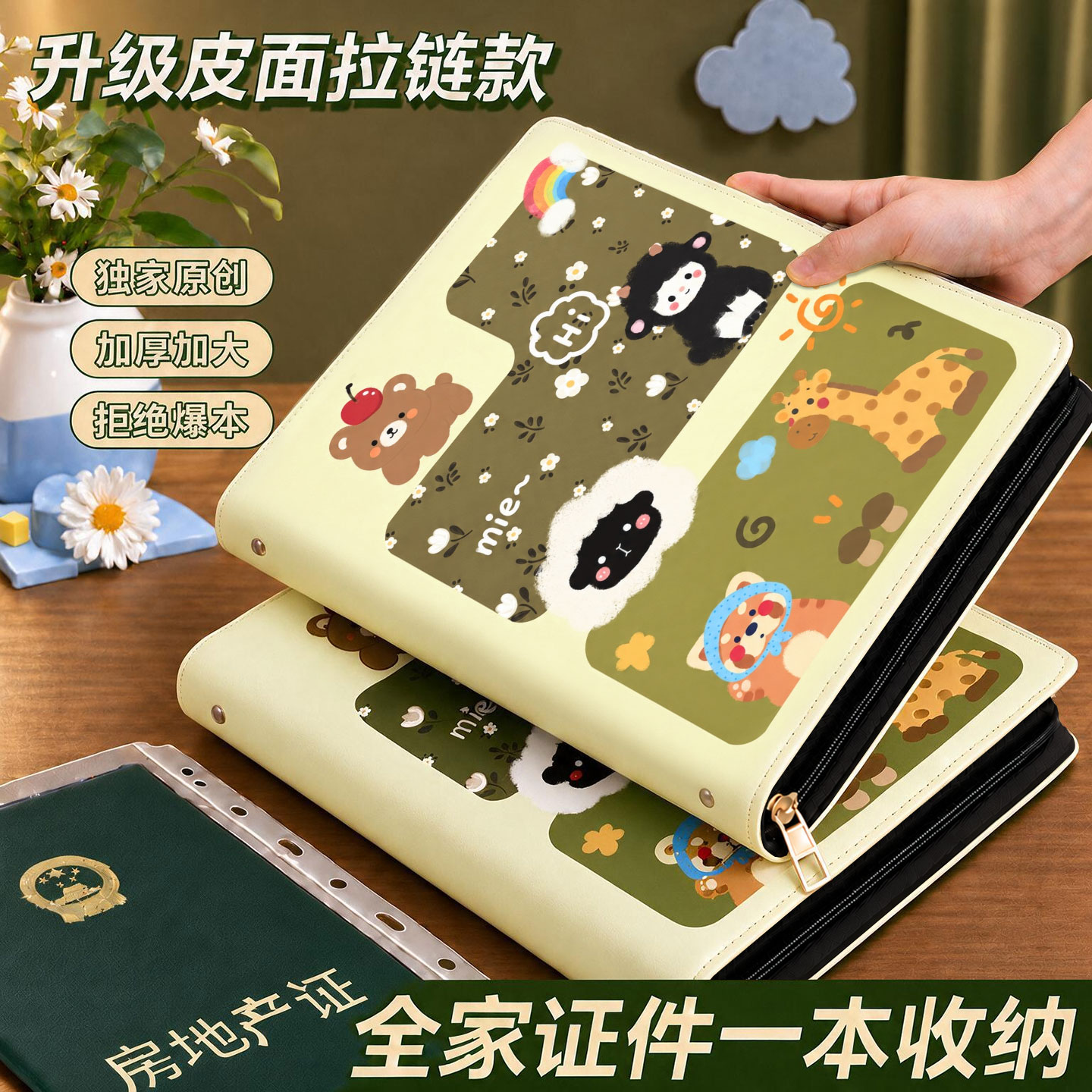拉链款皮面家庭证件收纳包活页