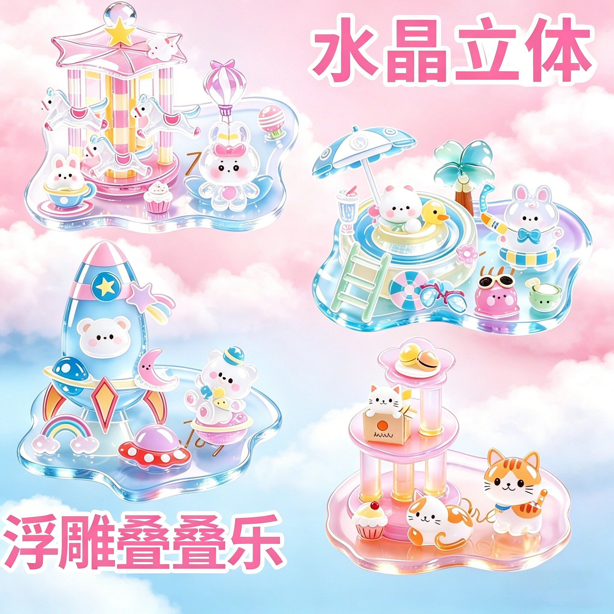 叠叠乐贴纸3D立体浮雕贴纸幼儿园萌物互动装饰儿童手工DIY自制小摆件安全无毒卡通动物日系创意可爱透明贴纸
