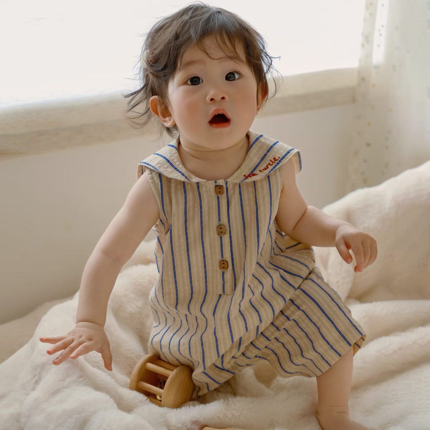 现货宝宝海军领爬服2026夏季新款儿童连体衣男童女童舒适连体短裤